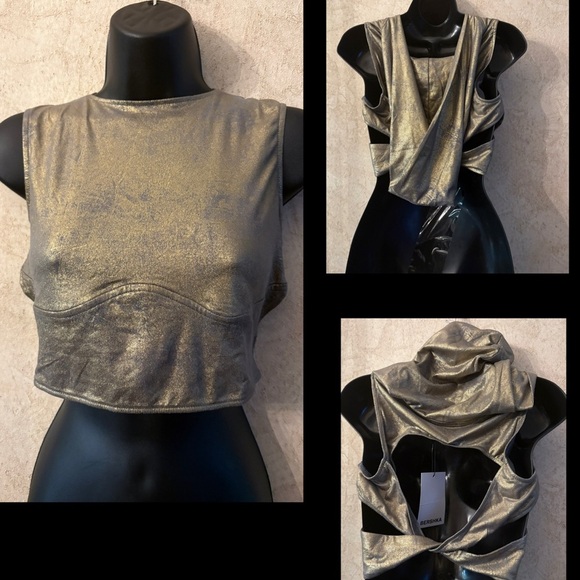 Bershka Shimmering Gold Hooded Tank Top(Pit to Pit 17” 
Length 17”) - Picture 1 of 5